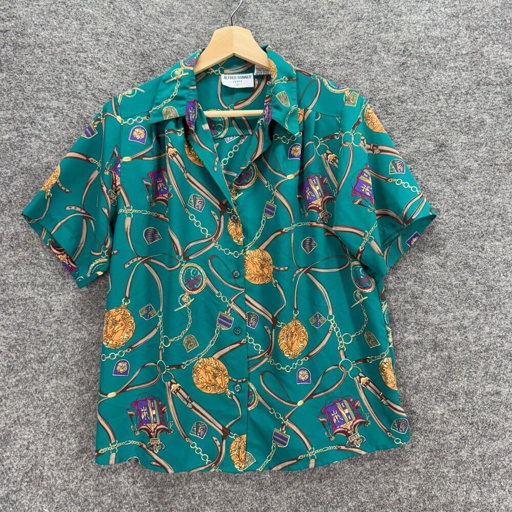 Alfred Dunner Shirt Women 10P Petite Blue Geometric Button Up Collared Casual